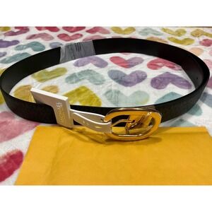 Michael Kors reversible Women Black Leather Belt Gold MK Logo Buckle Size Medium